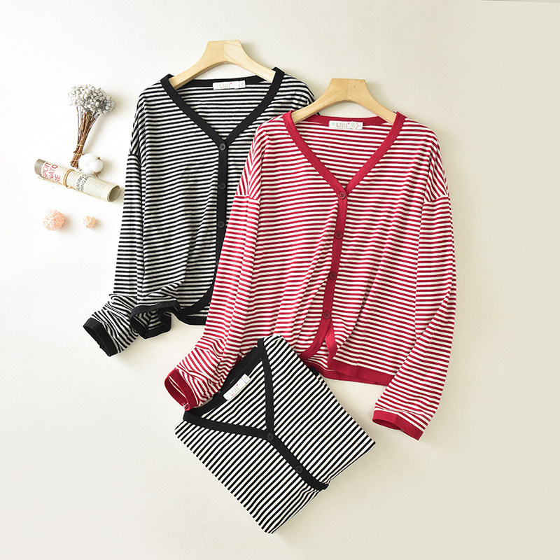 여성 봄과 가을 새로운 얇은 홈웨어 재킷 탑을 위한 심플하고 다재다능한 스트라이프 V 넥 긴팔 코튼 가디건