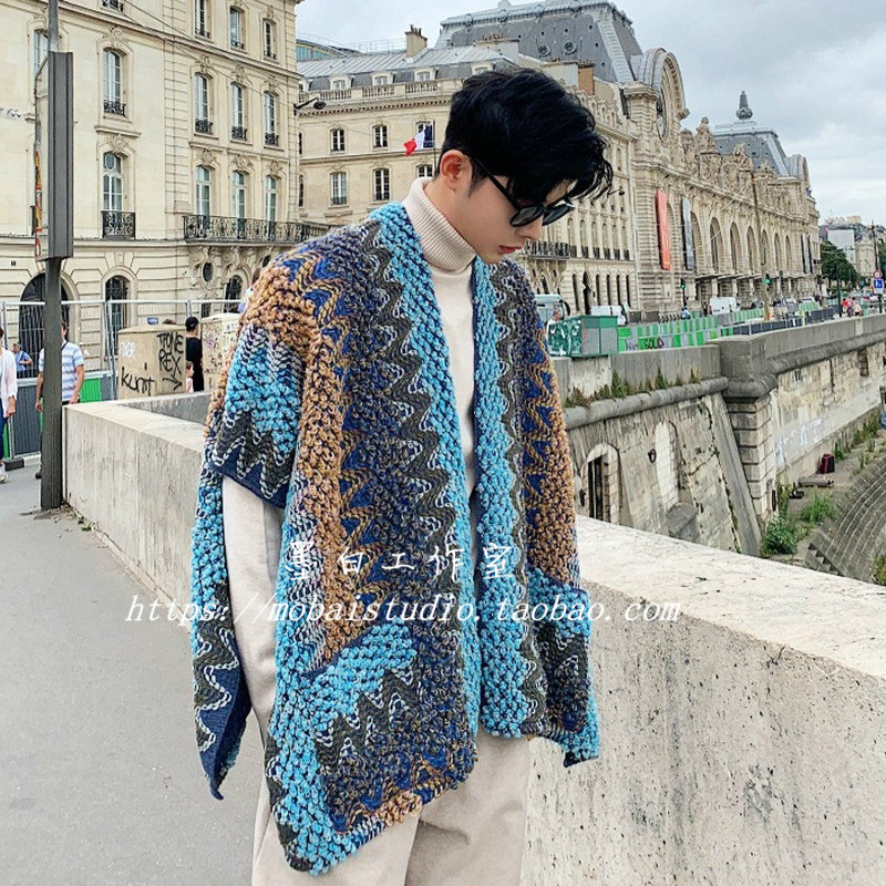 拼色手工钩花开叉文艺无袖披肩