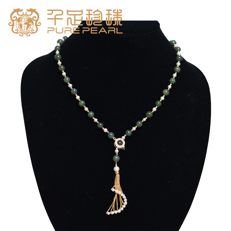 千足珍珠 &ldquo;珠联璧合&rdquo;系列之半卷珠帘4-9mm合金配蛇纹石项链