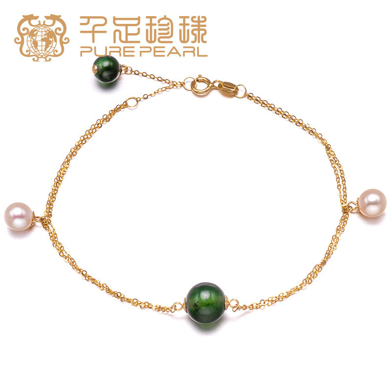 千足珍珠 5.5-6mm 蛇纹石 5.5-6/8-8.5mm18K金可调节长短手链