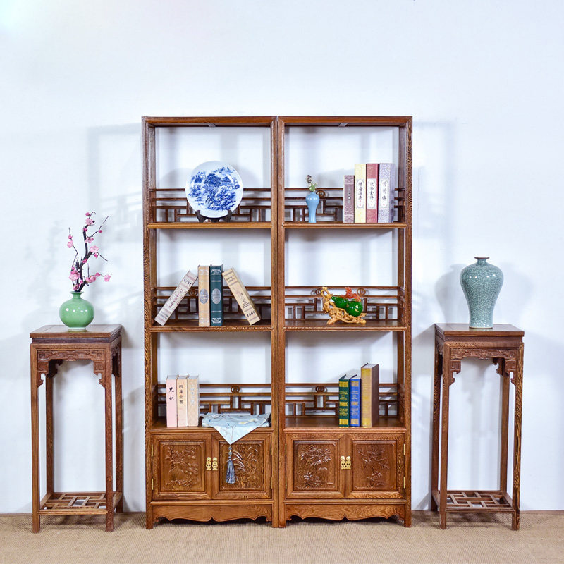 红木家具鸡翅木书架落地置物架仿古中式书柜收纳架实木多层展示架