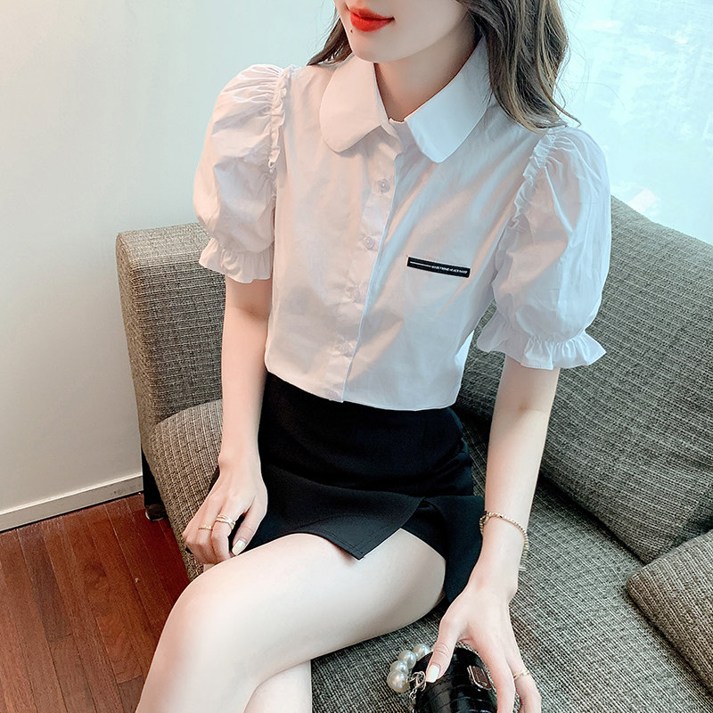 2026夏季新款通勤娃娃领泡泡短袖衬衫女士木耳边拼接百搭纯色衬衣