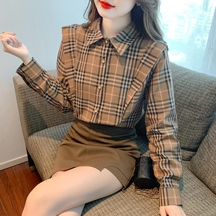 卡其色格子衬衫女小个子春秋款2026设计感小众高级感叠穿加绒衬衣