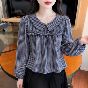 法式甜美格纹娃娃领长袖衬衫女装2026秋季洋气别致宽松遮肚子上衣