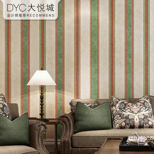卧室客厅电视背景墙墙纸 奢华竖条纹复古田园风格 美式 乡村壁纸欧式