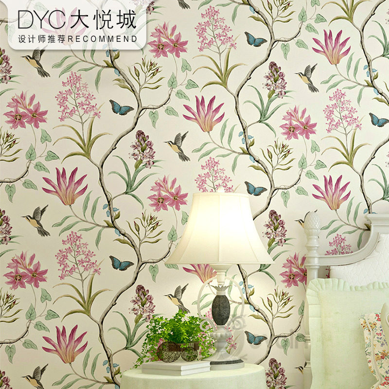 墙纸田园风格小清新花鸟碎花美式乡村大花客厅卧室电视背景墙壁纸