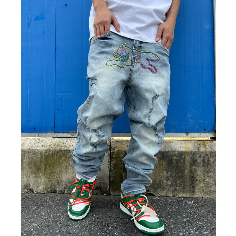 马思唯同款bbc美式嘻哈刺绣飞狗直筒丹宁牛仔裤高街休闲长裤男潮