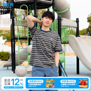 夏季 t恤男女同款 噗噜小马系列复古灰条纹罗纹撞色短袖 warmtrees