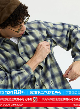 warmtrees户外支线TreeOutside蓝色格子结构口袋插肩长袖衬衫