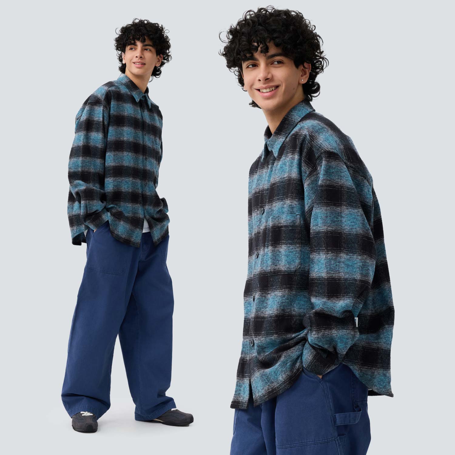 双面拉绒黑蓝渐变细密长袖衬衫