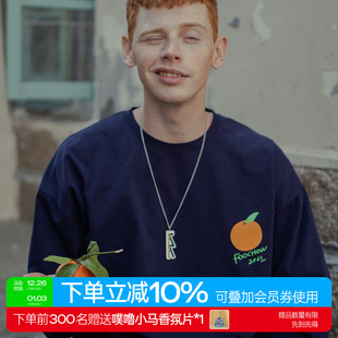 圆领宽松上衣 T恤落肩宽松秋款 warmtrees 福桔印花藏青色长袖