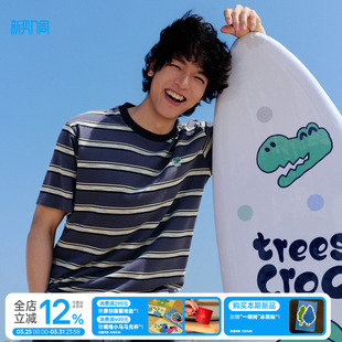 夏季 男女同款 宽松t恤 徽章」刺绣条纹短袖 warmtrees「克罗克·树