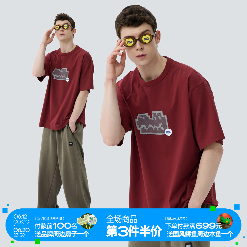 WARMTREES 2025新款夏季圆领上衣复古波点鳄鱼短袖t恤男