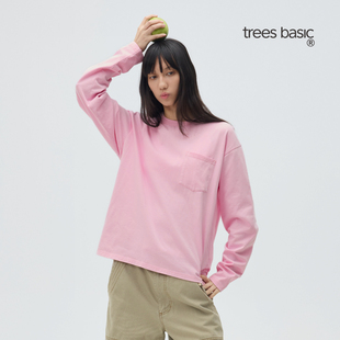 TreesBasic box箱型炒雪花水洗短宽刺绣口袋长袖T恤男女2026春夏