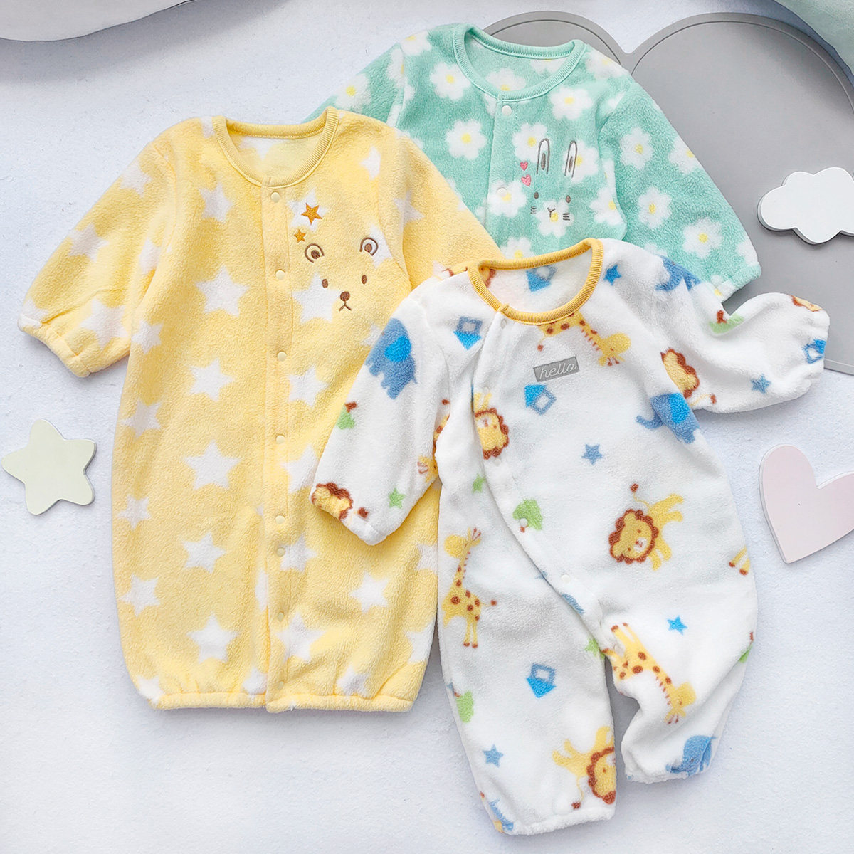 日系外贸男女宝宝春秋季摇粒绒连体衣婴儿新生儿保暖长袖爬服睡袋