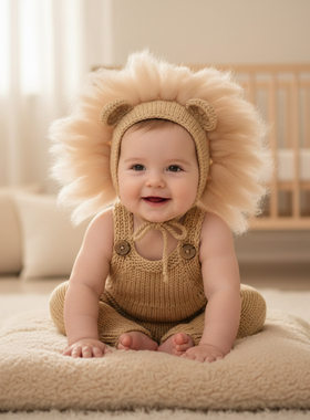 新生婴儿摄影楼狮子造型套装宝宝满月百天拍照帽背带裤爬服两件套
