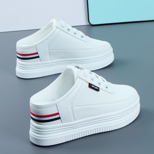 内增高7cm一脚蹬懒人半拖鞋 2025春秋透气新款 包头女鞋 松糕小白鞋