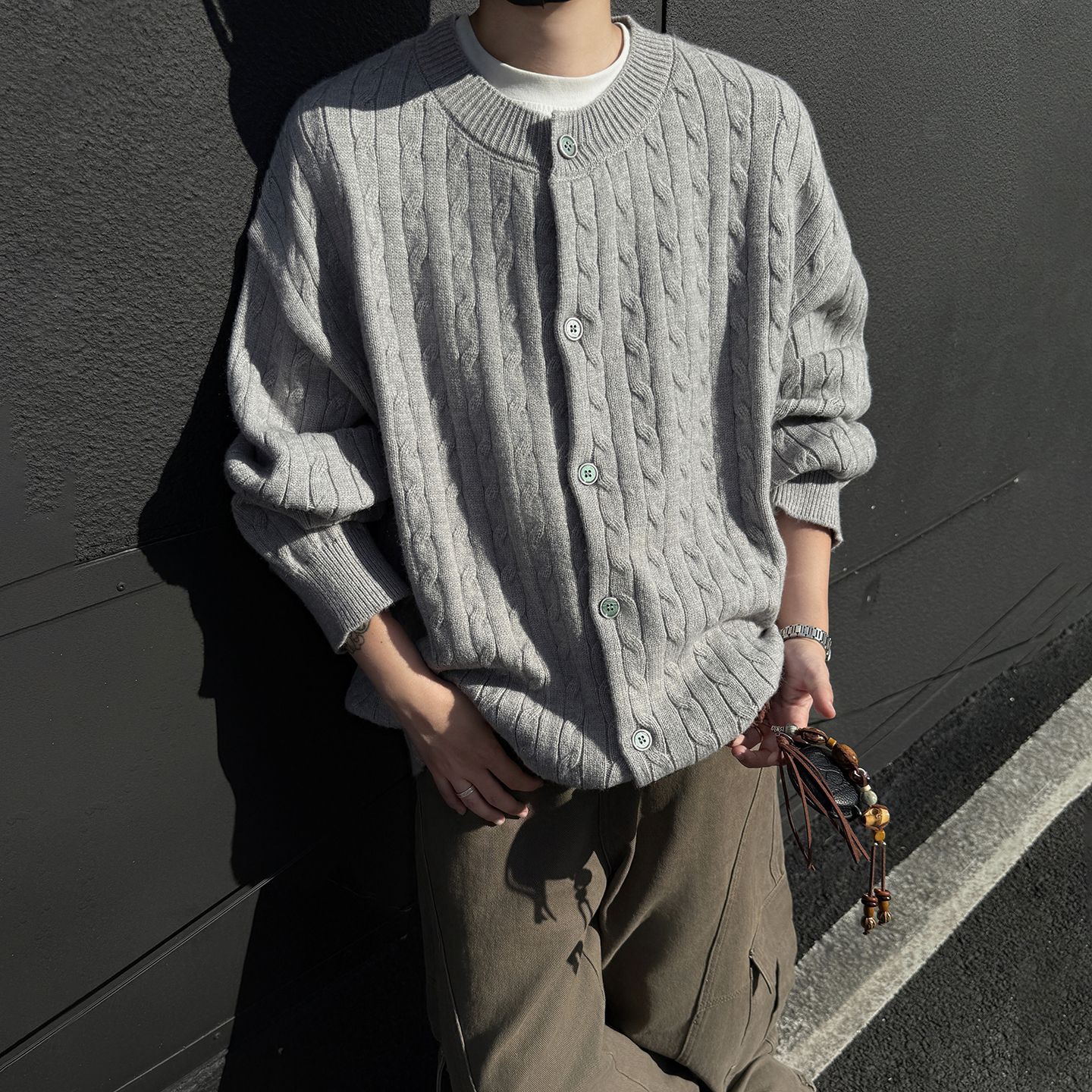 FOFWMODE秋季美式绞花圆领开衫毛衣男女同款宽松学院风针织衫外套