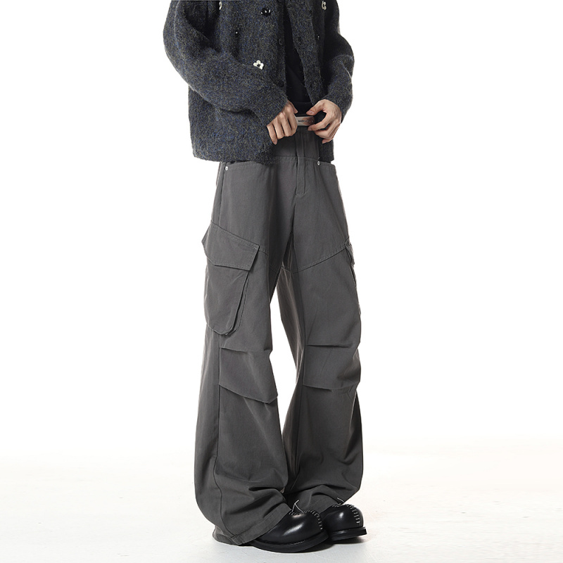 FOFWMODE 潮牌秋季美式多口袋工装裤男宽松褶皱微喇直筒休闲长裤