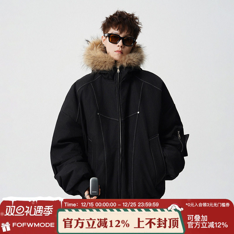 FOFWMODE冬季连帽机能真毛领羽绒服男加厚保暖工装派克服防寒外套