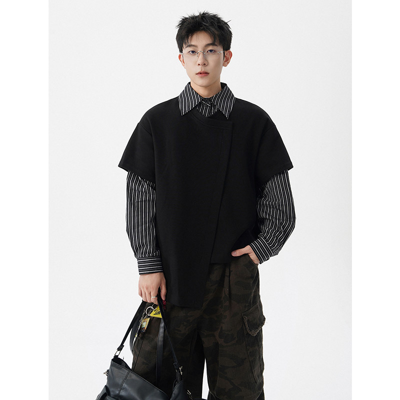 FOFWMODE 秋季复古拼接假两件衬衫卫衣男宽松条纹百搭长袖上衣潮