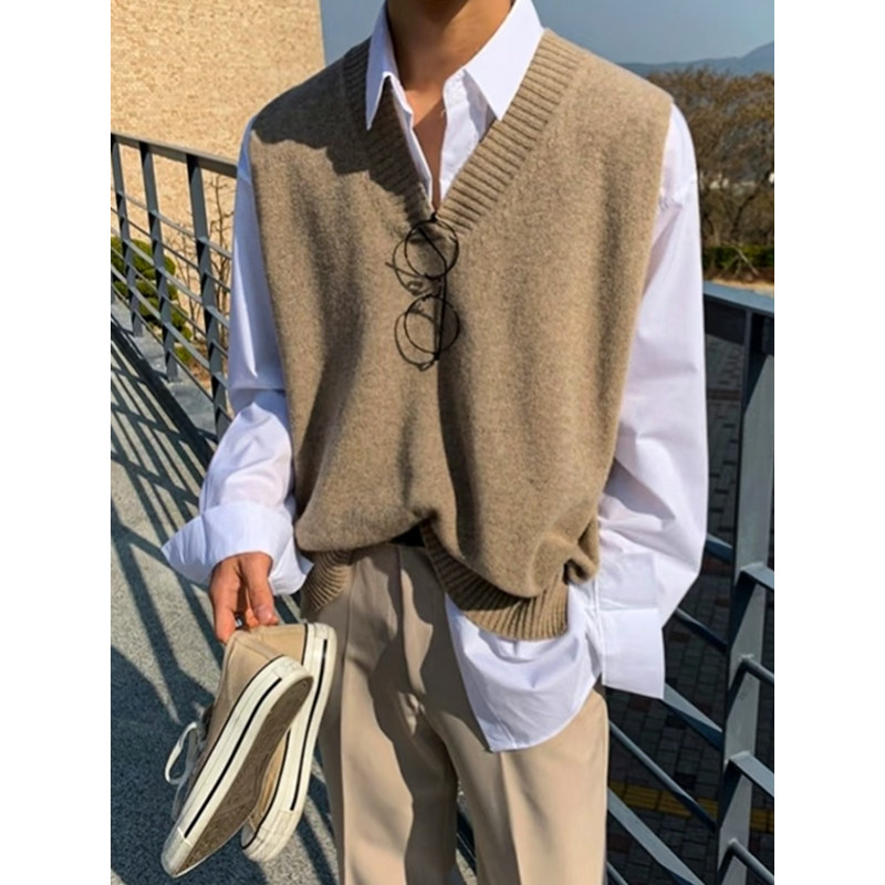 FOFWMODE 美式复古叠穿v领针织马甲男宽松潮流百搭休闲外穿上衣