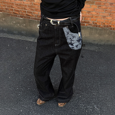 做旧原牛直筒牛仔裤男女款百搭长裤美式拼接花纹裤子