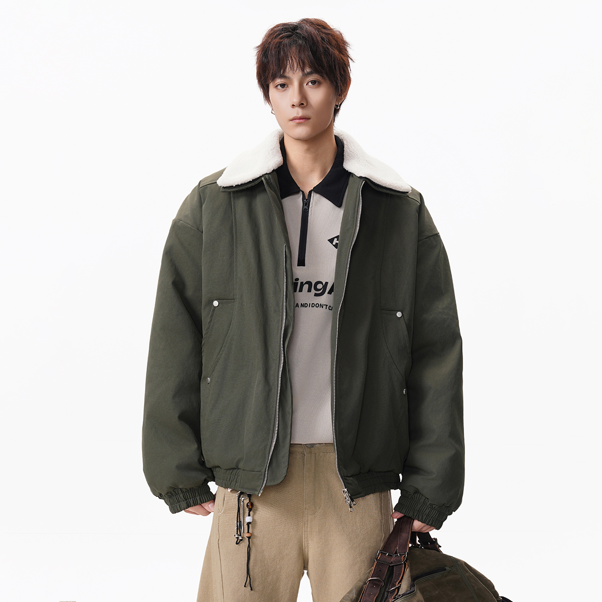 FOFWMODE 美式解构羊羔毛翻领棉服男女宽松加厚保暖情侣棉衣外套