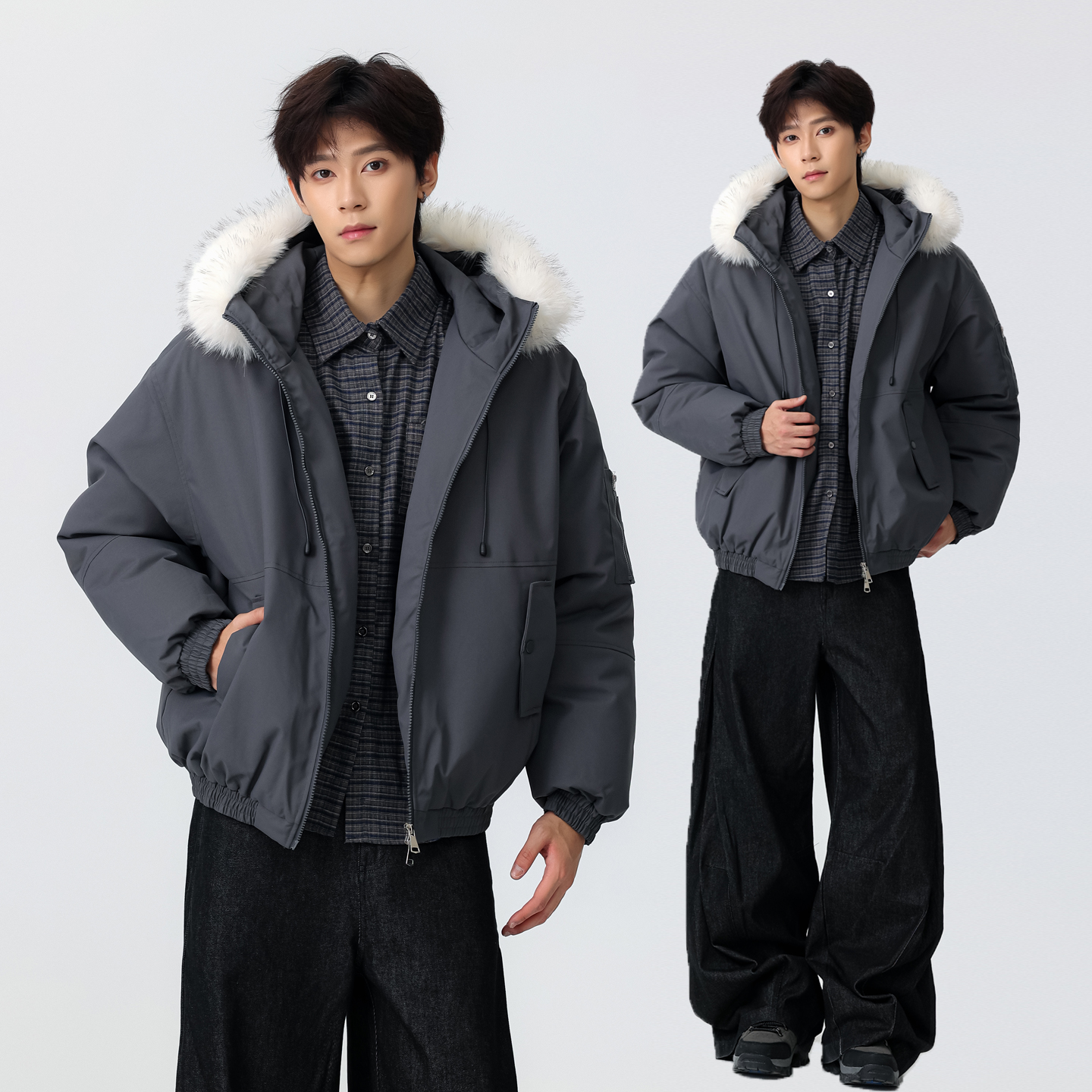 FOFWMODE 冬季可拆卸大毛领棉服外套男女宽松加厚座山雕连帽棉衣