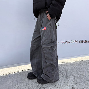 FOFWMODE 灰色弯刀时尚工装裤个性美式结构长裤百搭宽松休闲裤