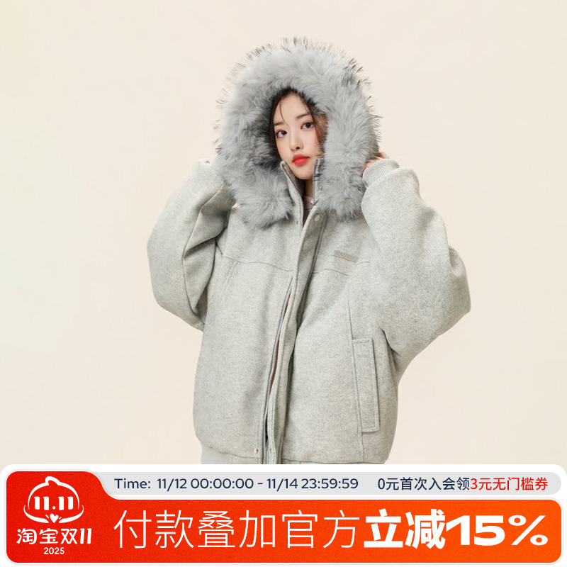 FOFWMODE 冬季毛呢棉服保暖外套男女宽松座山雕毛领连帽情侣棉衣