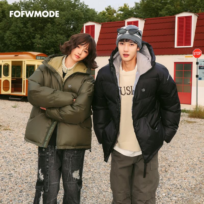 FOFWMODE 冬季美式加厚保暖面包服男女宽松情侣撞色连帽棉服外套
