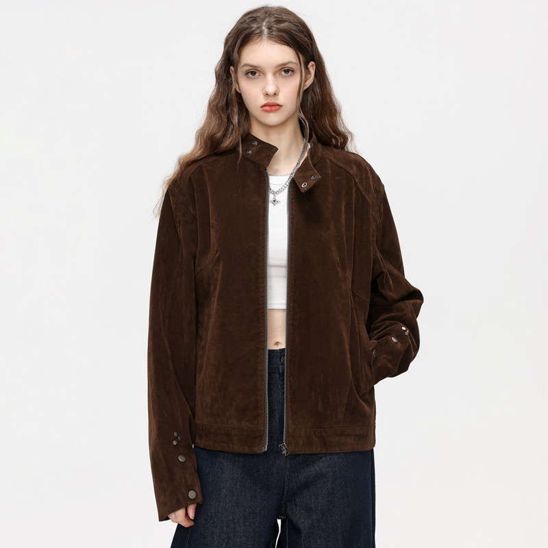 FOFWMODE 秋季摩登复古麂皮绒立领夹克男女宽松百搭休闲潮牌外套