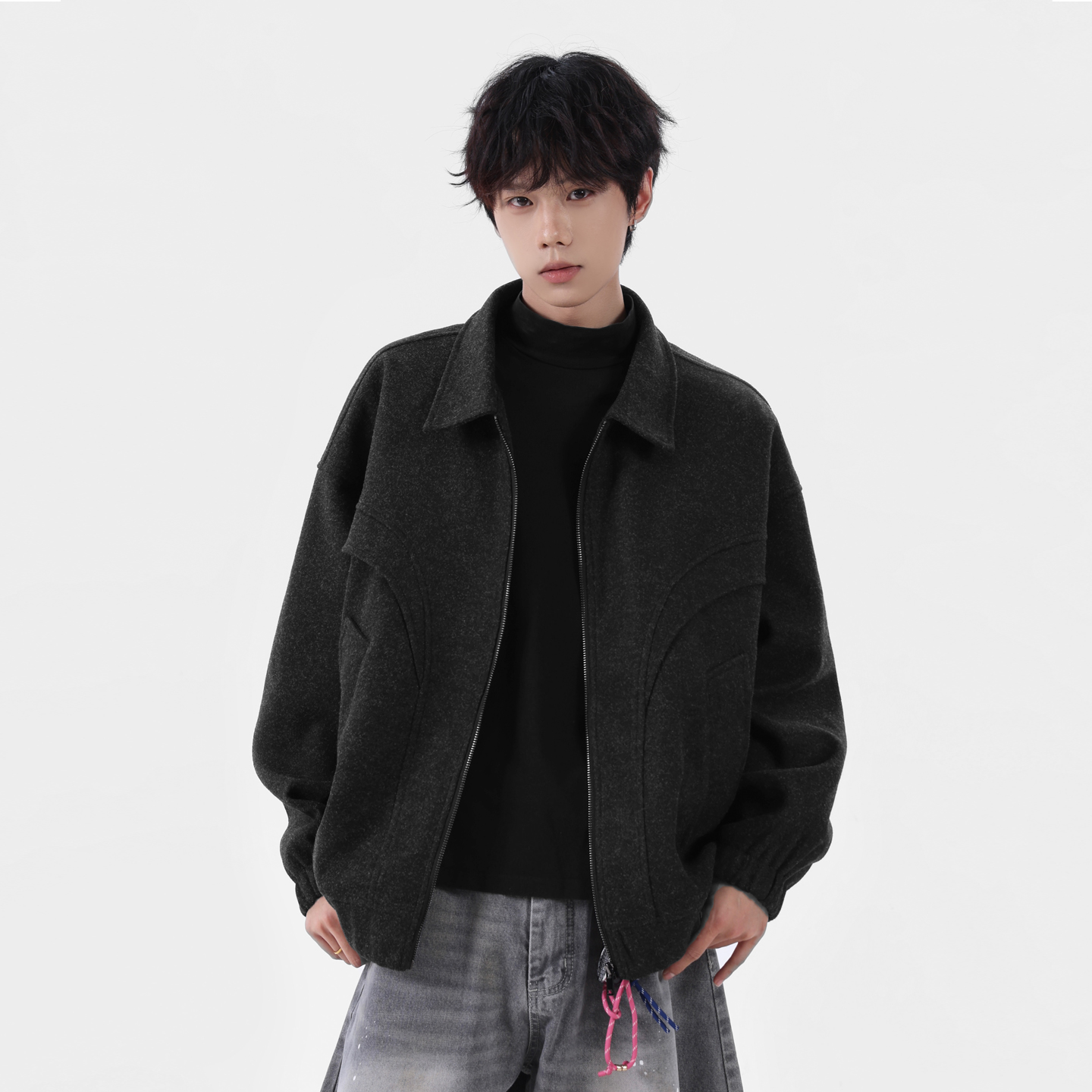 FOFWMODE 秋冬季美式翻领呢料飞行夹克男宽松结构设计短款外套潮