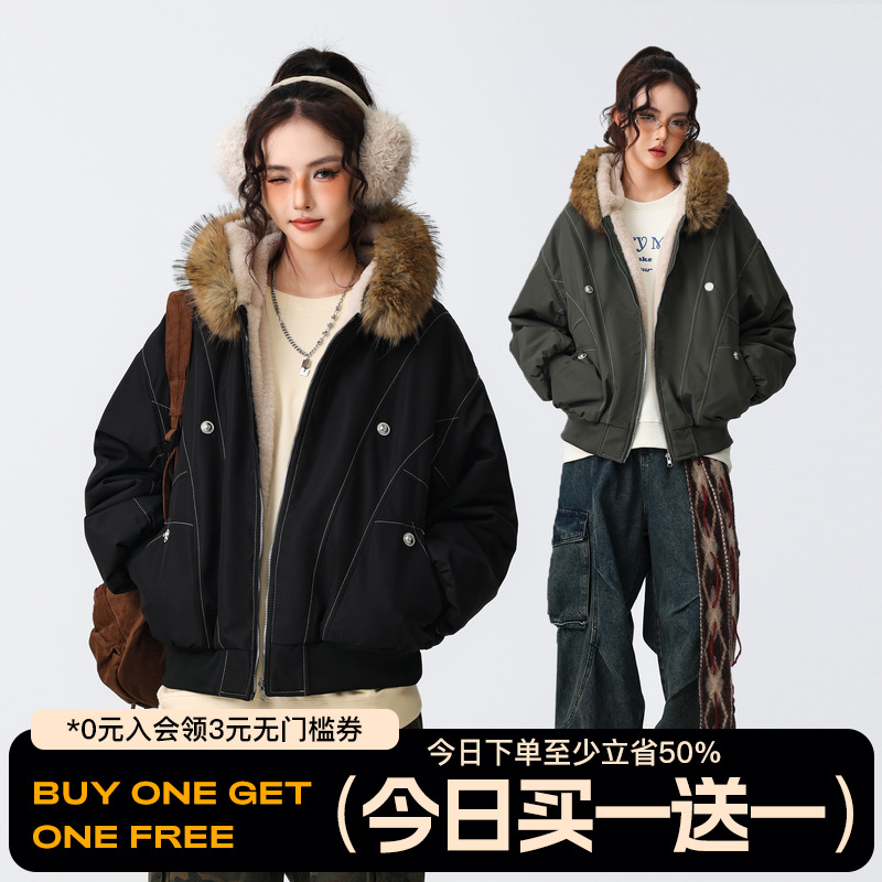 FOFWMODE冬季双面穿座山雕毛领棉连帽服男宽松情侣羊羔毛保暖外套