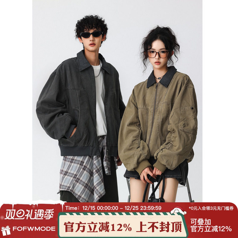 FOFWMODE秋季美式重磅水洗做旧重工翻领夹克男宽松结构款拼接外套
