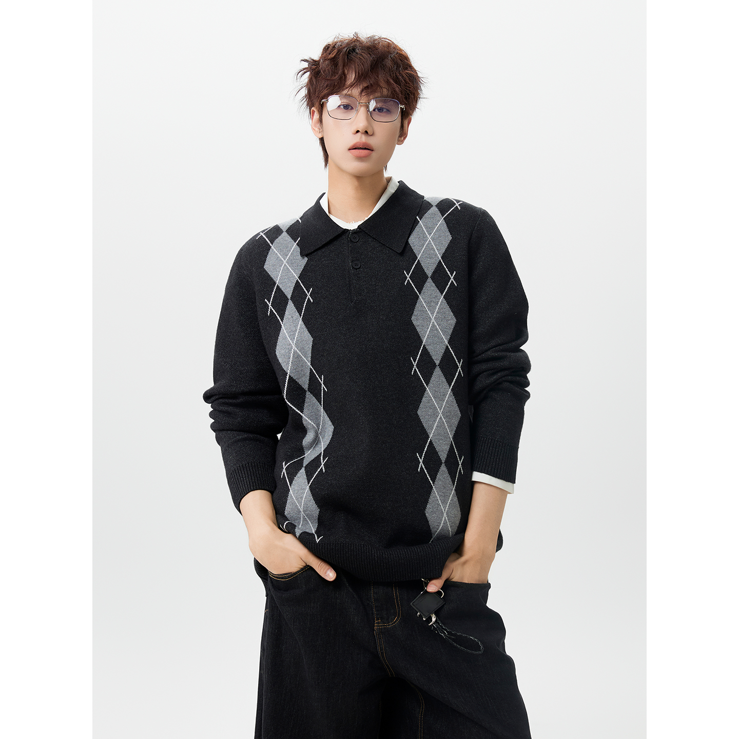 FOFWMODE 复古老钱风菱格polo领毛衣男宽松百搭套头情侣针织衫潮