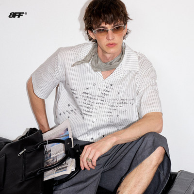 26SS星星字母印花条纹短袖衬衫古巴领慵懒度假情侣休闲上衣夏