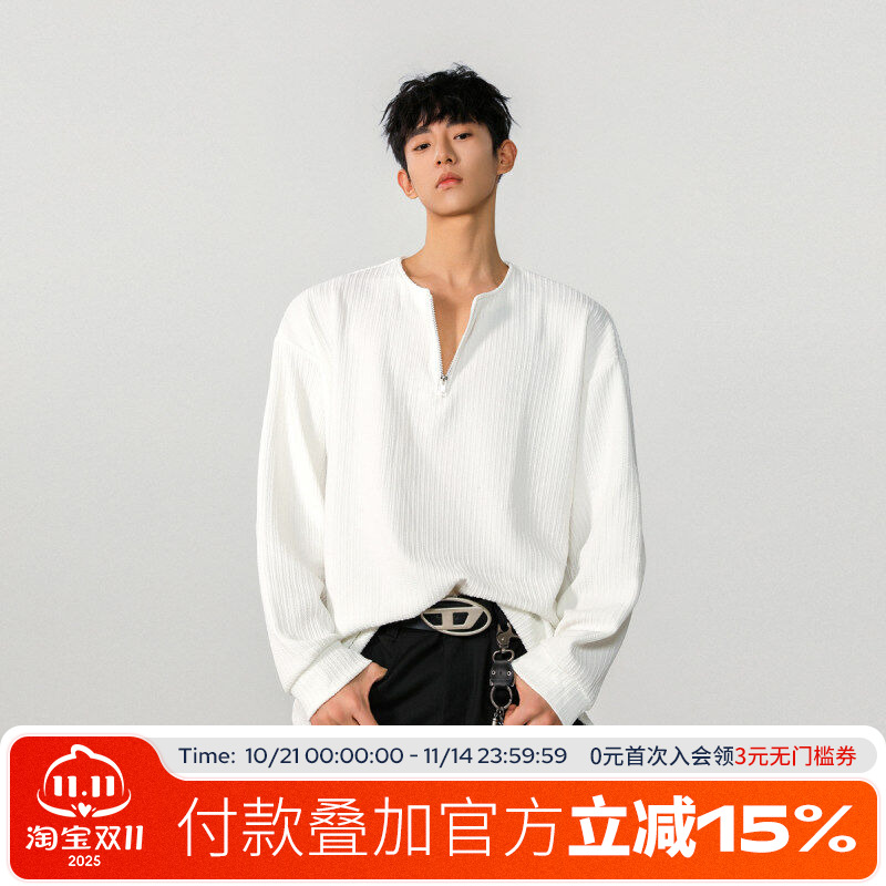 FOFWMODE 2025春季美式半拉链肌理感长袖T恤男宽松V领休闲潮上衣