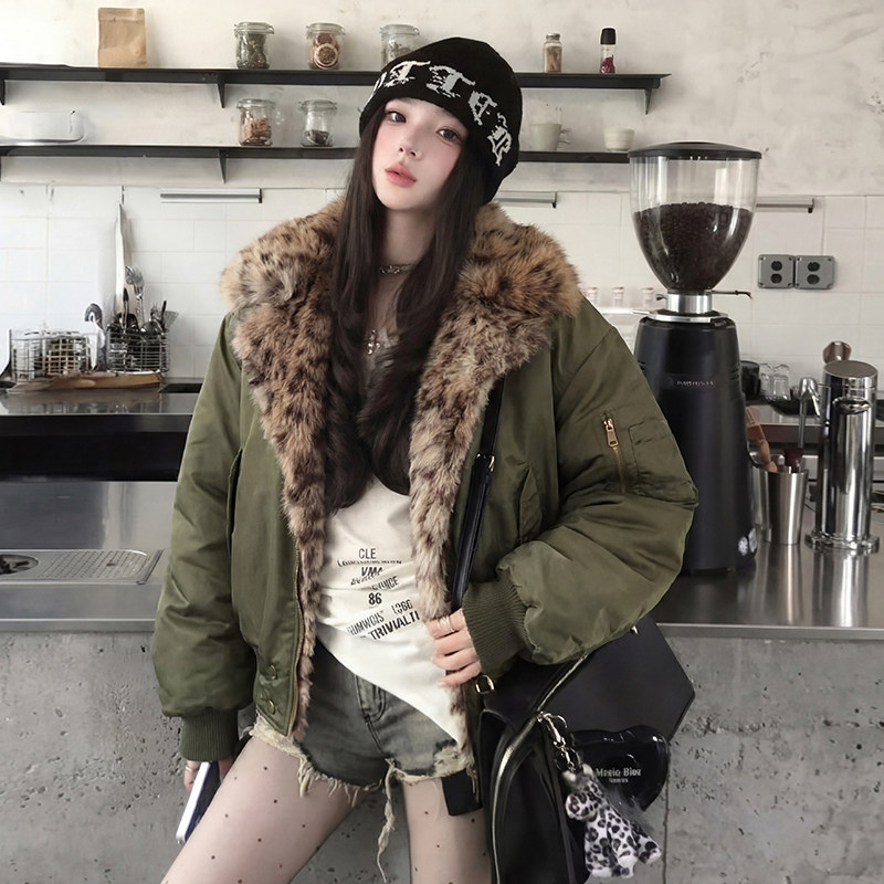 FOFWMODE豹纹毛领棉服百搭舒适冬季厚实潮流个性军绿色复古外套,男装,棉衣,淘宝优惠券,粉丝福利购,淘宝优惠卷