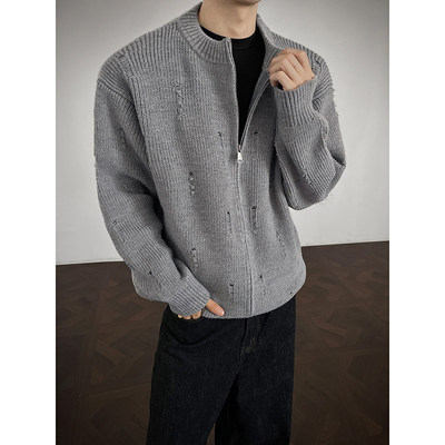 FOFWMODE 秋季美式简约圆领慵懒风毛衣男宽松百搭休闲开衫外套潮