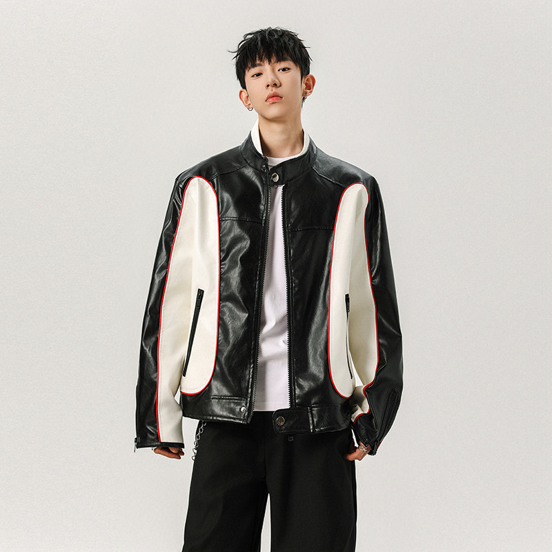 FOFWMODE 潮牌美式赛车服复古休闲机车PU皮衣男宽松撞色夹克外套