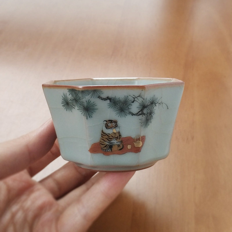 地板价 台湾柏采汝窑茶具柏采窑开片主人杯手绘虎四代粉青釉茶杯