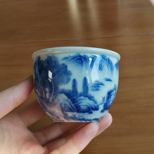 5折 景德镇茶杯全手工手绘纯正柴窑青花瓷点工山水束口杯140ml