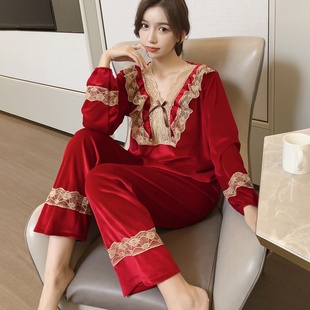 梵记秋冬网红新款金丝绒睡衣加绒性感韩版长袖蕾丝花边保暖