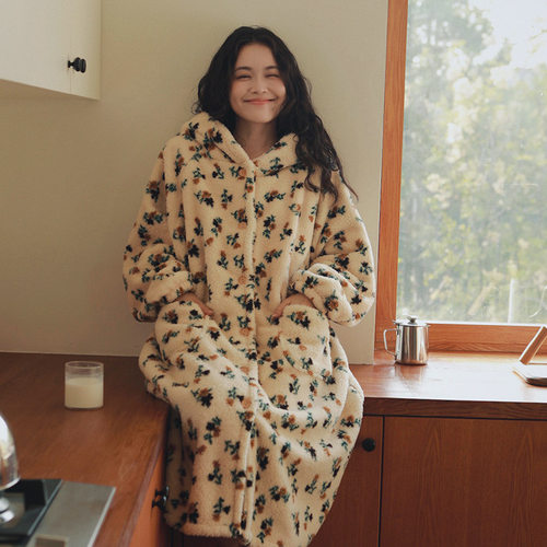 人间草木65-珊瑚绒睡袍女士秋冬季加绒加厚可爱法兰绒家居服大码