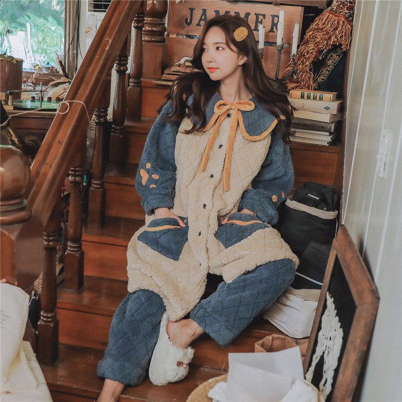 月子服长款孕妇睡衣睡袍套装秋冬季珊瑚绒加绒产后怀孕期春哺乳衣