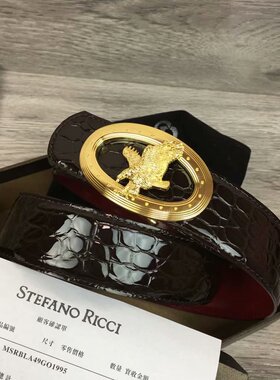 史蒂芬皮带男 新款椭圆飞鹰男士牛皮鳄鱼纹不锈钢扣百搭腰带3.8