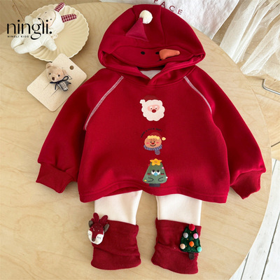 圣诞节秋冬季女童加厚连帽卫衣套装加绒喜庆男女童宝宝上衣外套