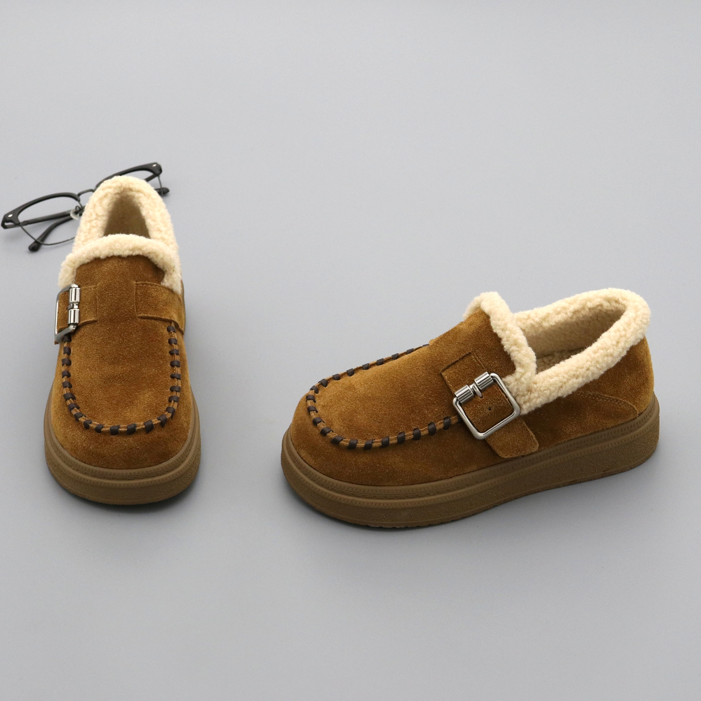 羊羔毛勃肯鞋女真皮加绒保暖棉鞋